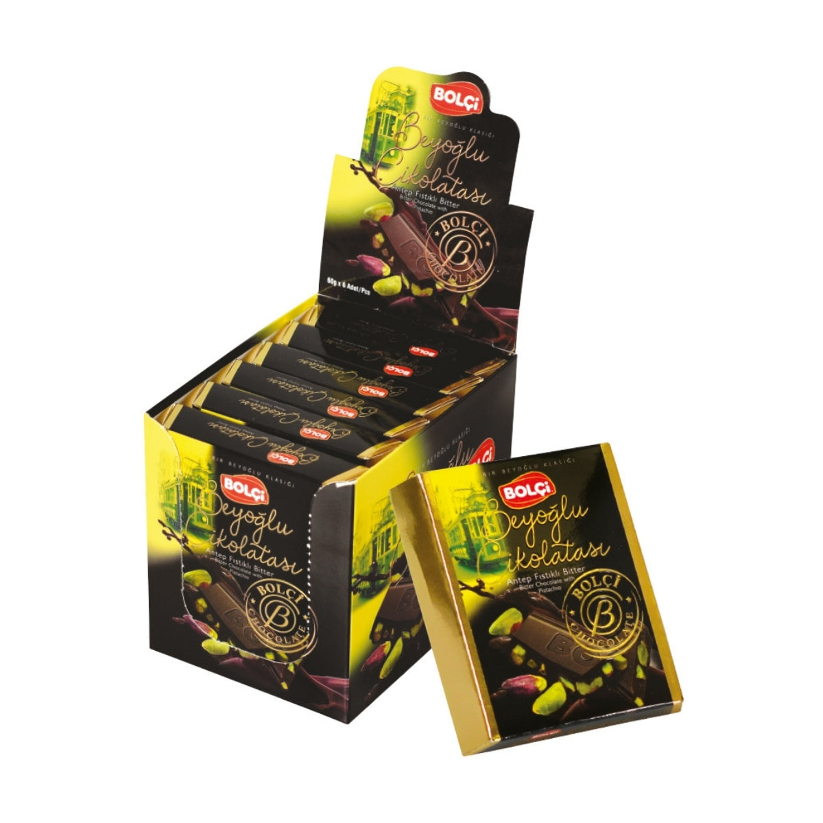 DARK CHOCO.WHOLE PISTACHIO TABLET 60gr x 6 pcs x 7 dp