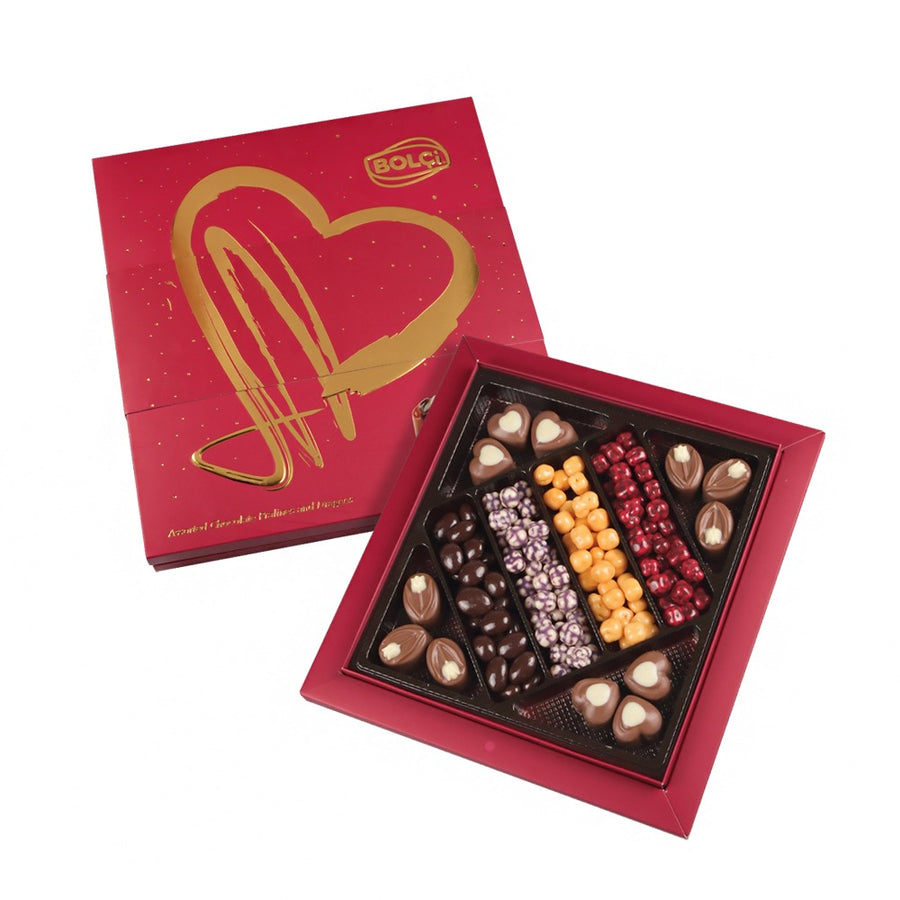 BOLCI-ASSORTED CHOCO.GOLD HEART BURGUNDY 350gr x 16 dp
