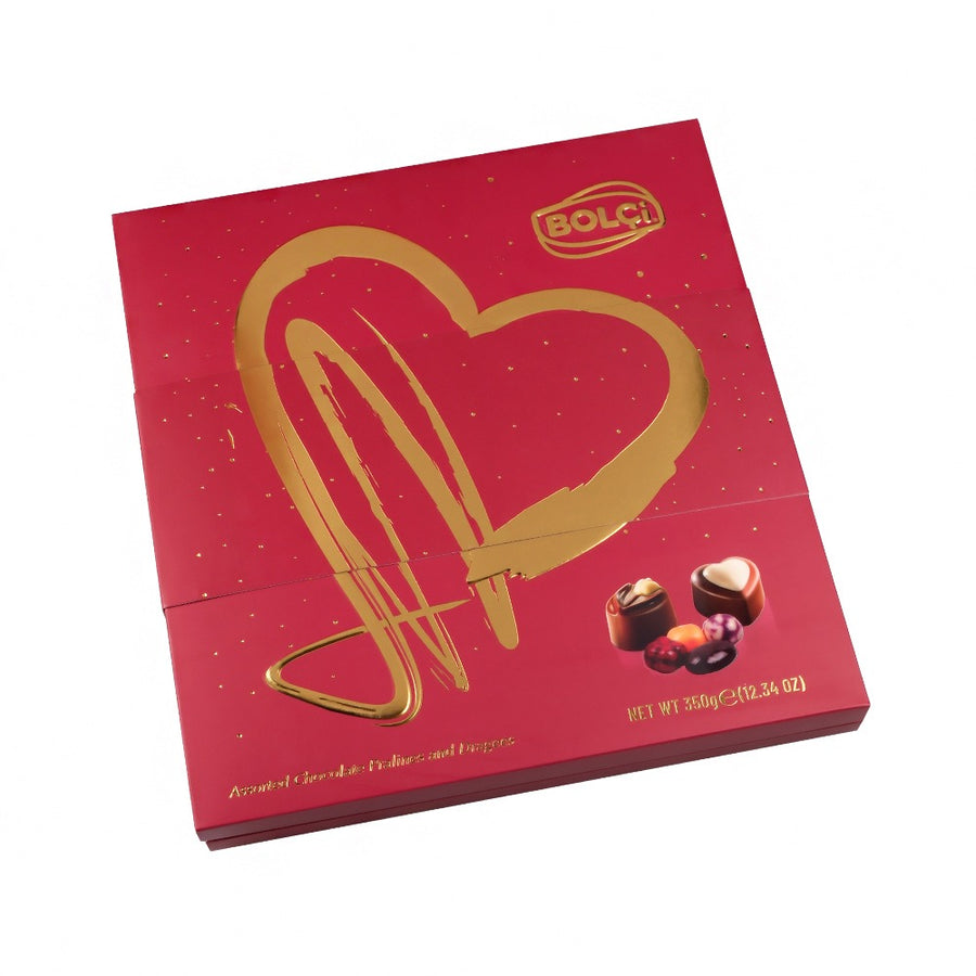BOLCI-ASSORTED CHOCO.GOLD HEART BURGUNDY 350gr x 16 dp
